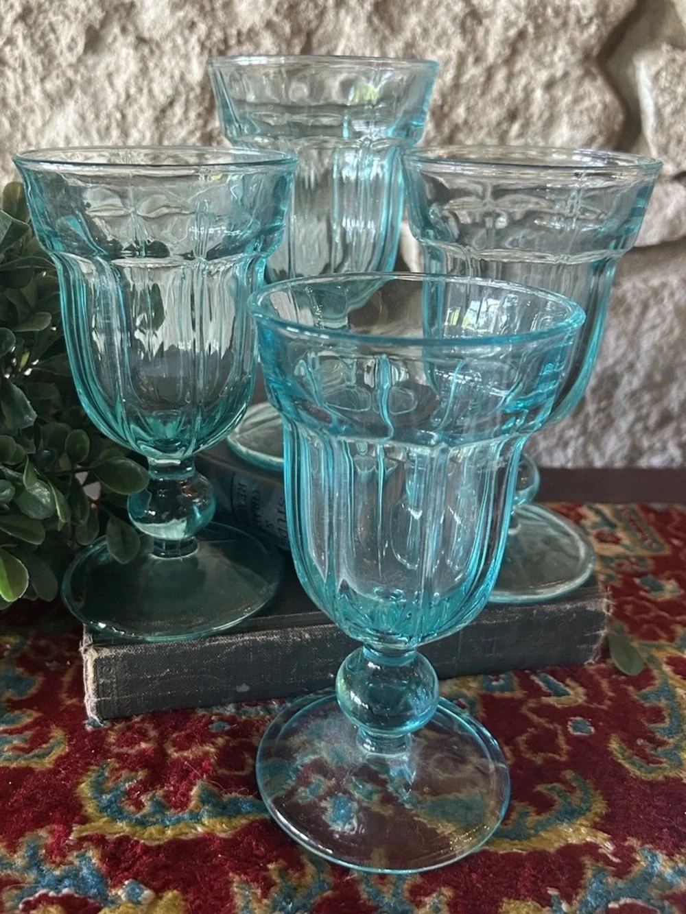 4 vintage Noritake Aqua Blue Provincial wine water ice tea goblets Japan.